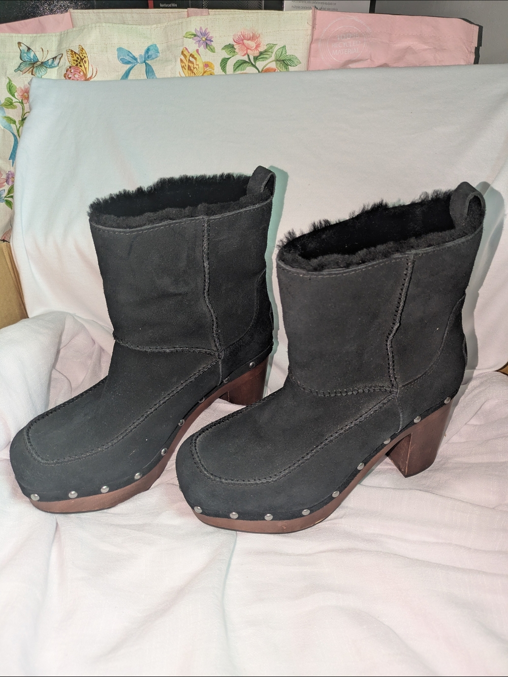 UGG Black Suede Shearling-Lined Clog Heeled Boots
